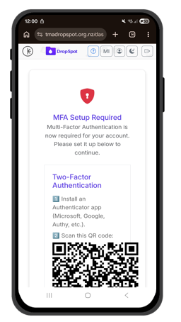 Multifactor Authentication setup screen